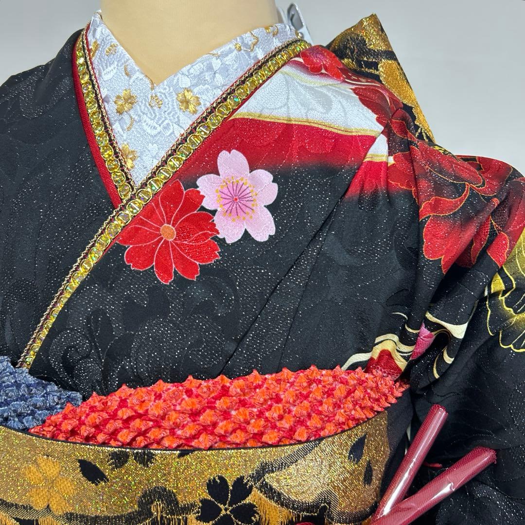 黒ラメゴージャス牡丹に流水の振袖フルセット