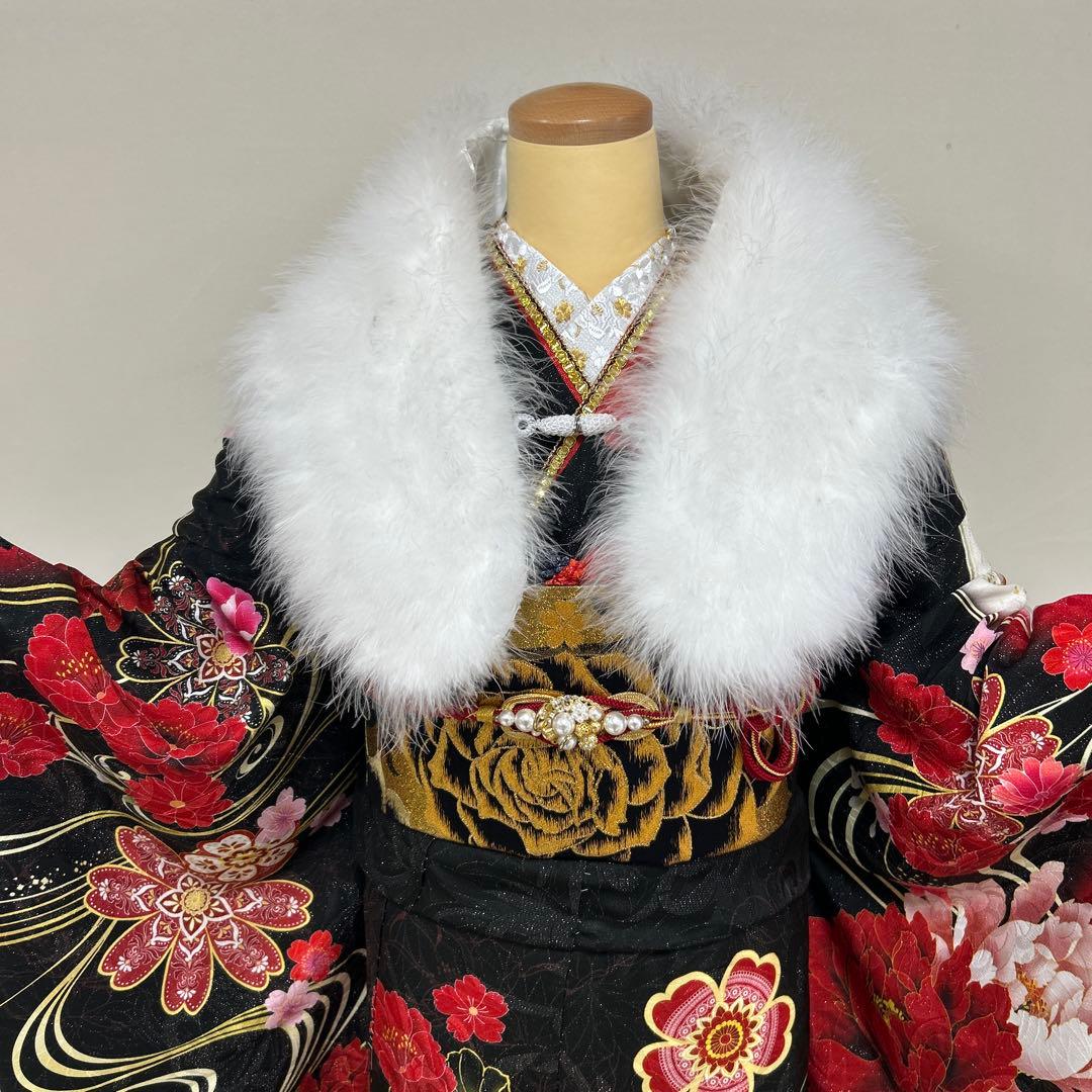 黒ラメゴージャス牡丹に流水の振袖フルセット