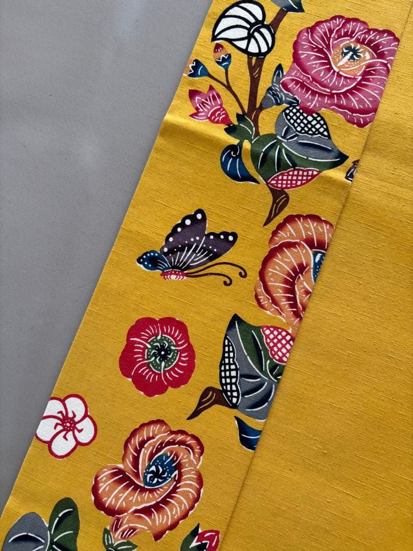 本場琉球紅型 正絹 紬地 九寸名古屋帯 ほどよく鮮やかなイエロー 美品