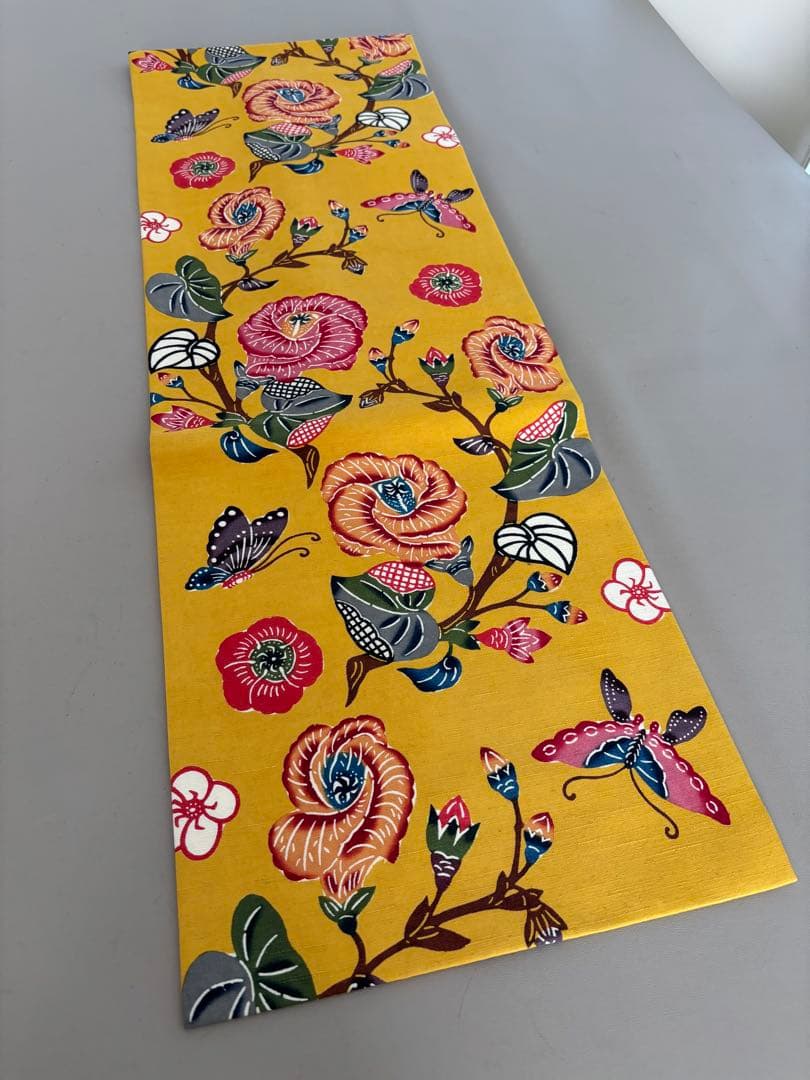 本場琉球紅型 正絹 紬地 九寸名古屋帯 ほどよく鮮やかなイエロー 美品