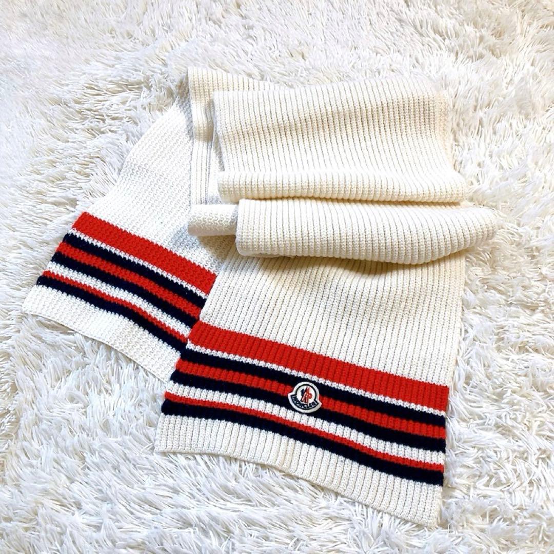 【超美品】モンクレール　マフラー　ロゴ　アイボリー　トリコロール