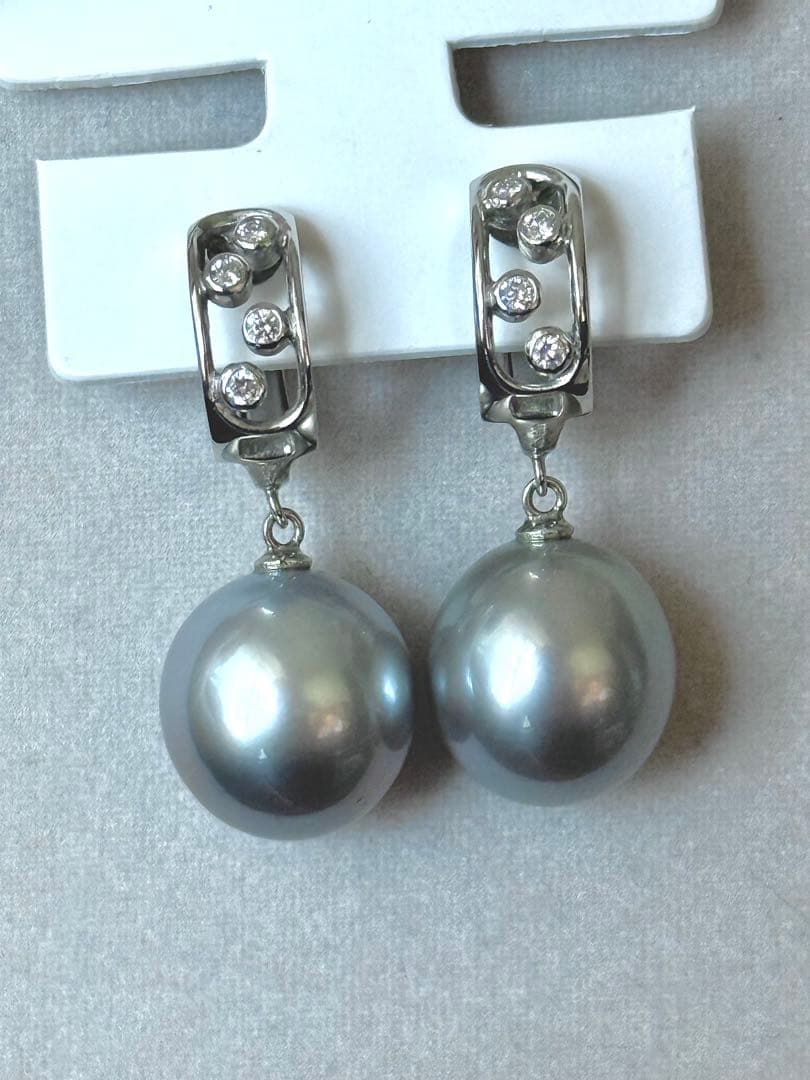 専用！真珠科学研究所オーロラオーシャンブルー黒蝶真珠ダイヤモンドイヤリングWG