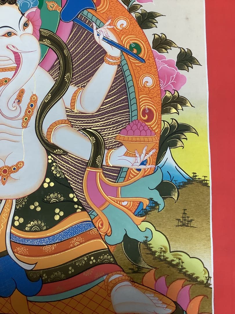 《 チベット密教　新品 》 ガネーシャ　タンカ　曼荼羅　手描き　1点物　金運