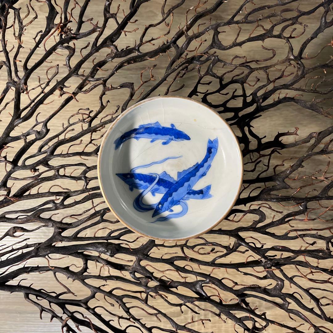 骨董　古伊万里　九谷　古染付　希少　鮎　遊魚　図案　豆皿　※難あり、参考品用