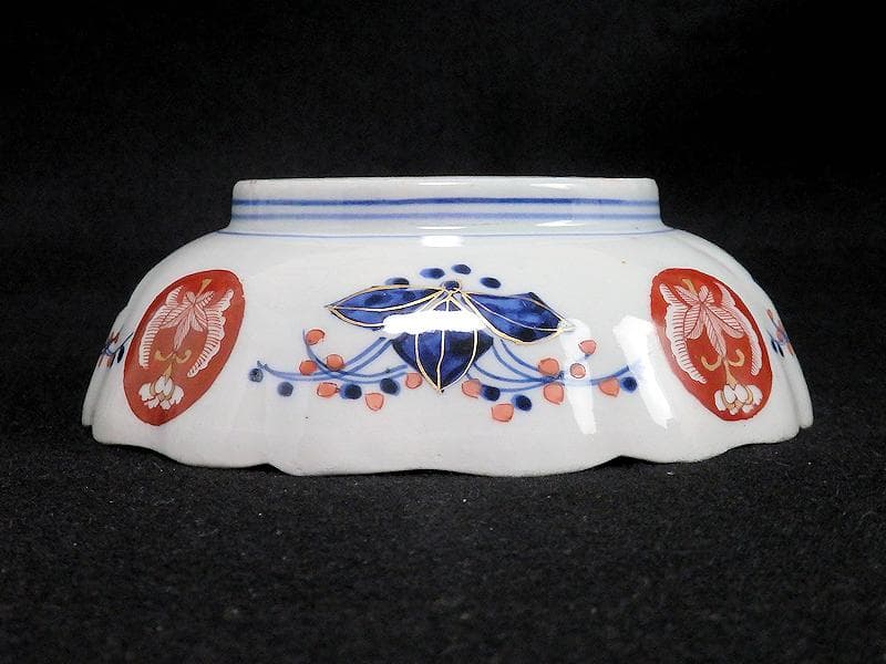 古伊万里　金襴手　菊花四方襷紋に吉祥紋の図　膾皿　３客　D960AS-BVl