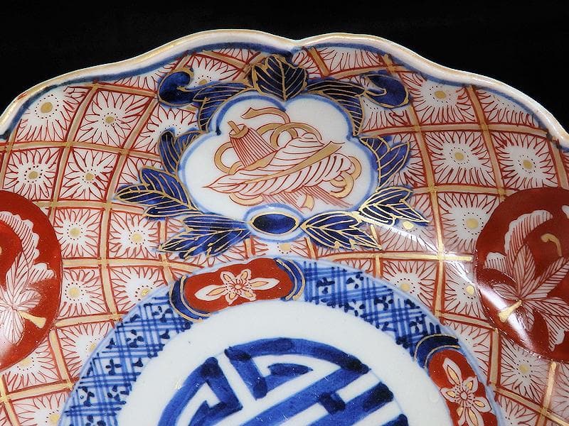 古伊万里　金襴手　菊花四方襷紋に吉祥紋の図　膾皿　３客　D960AS-BVl