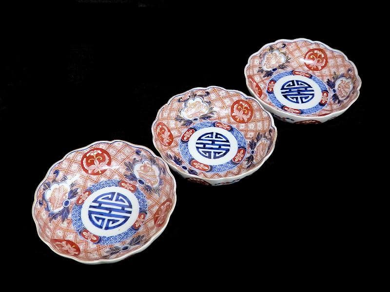 古伊万里　金襴手　菊花四方襷紋に吉祥紋の図　膾皿　３客　D960AS-BVl