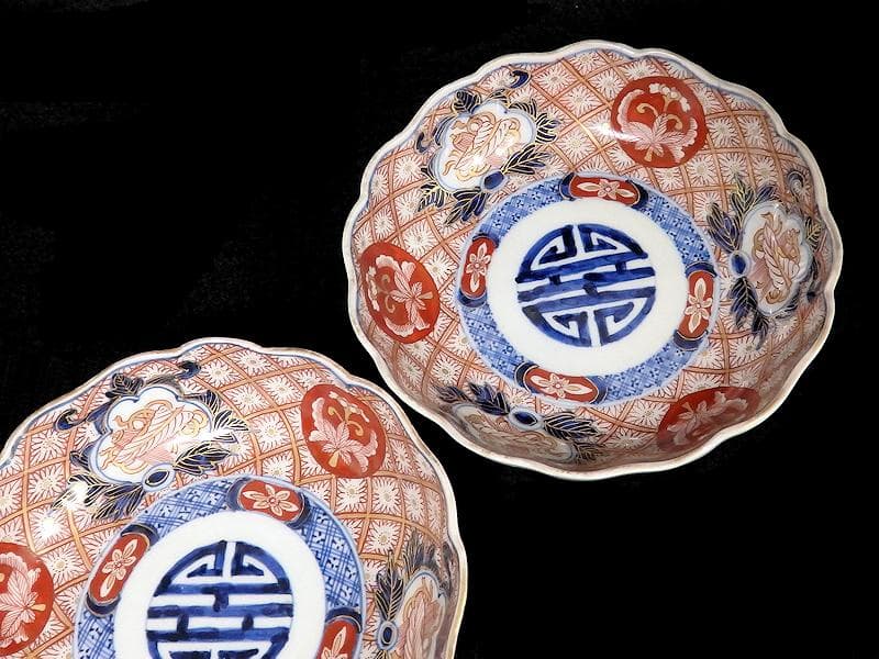 古伊万里　金襴手　菊花四方襷紋に吉祥紋の図　膾皿　３客　D960AS-BVl