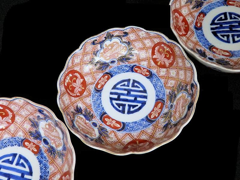 古伊万里　金襴手　菊花四方襷紋に吉祥紋の図　膾皿　３客　D960AS-BVl