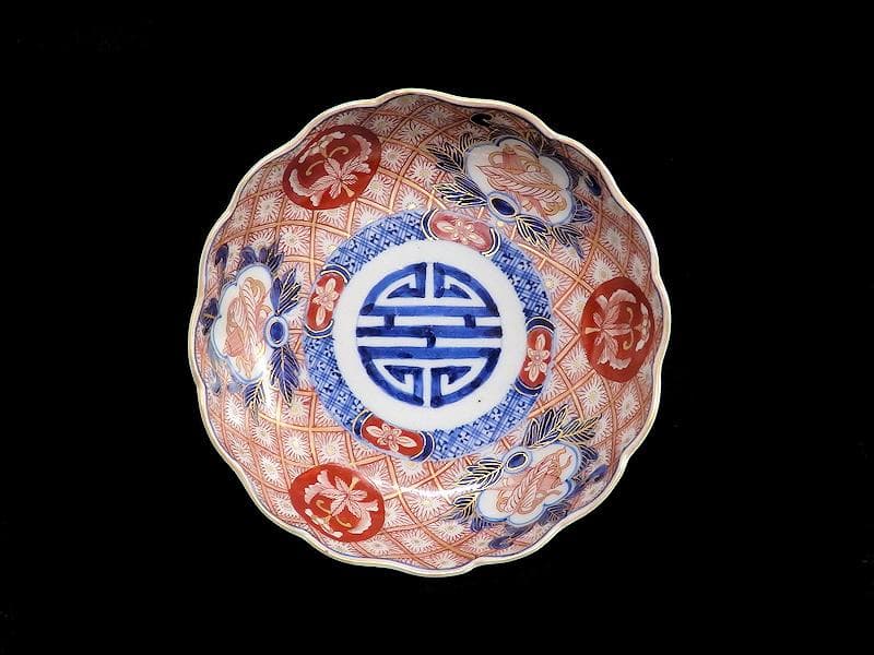 古伊万里　金襴手　菊花四方襷紋に吉祥紋の図　膾皿　３客　D960AS-BVl