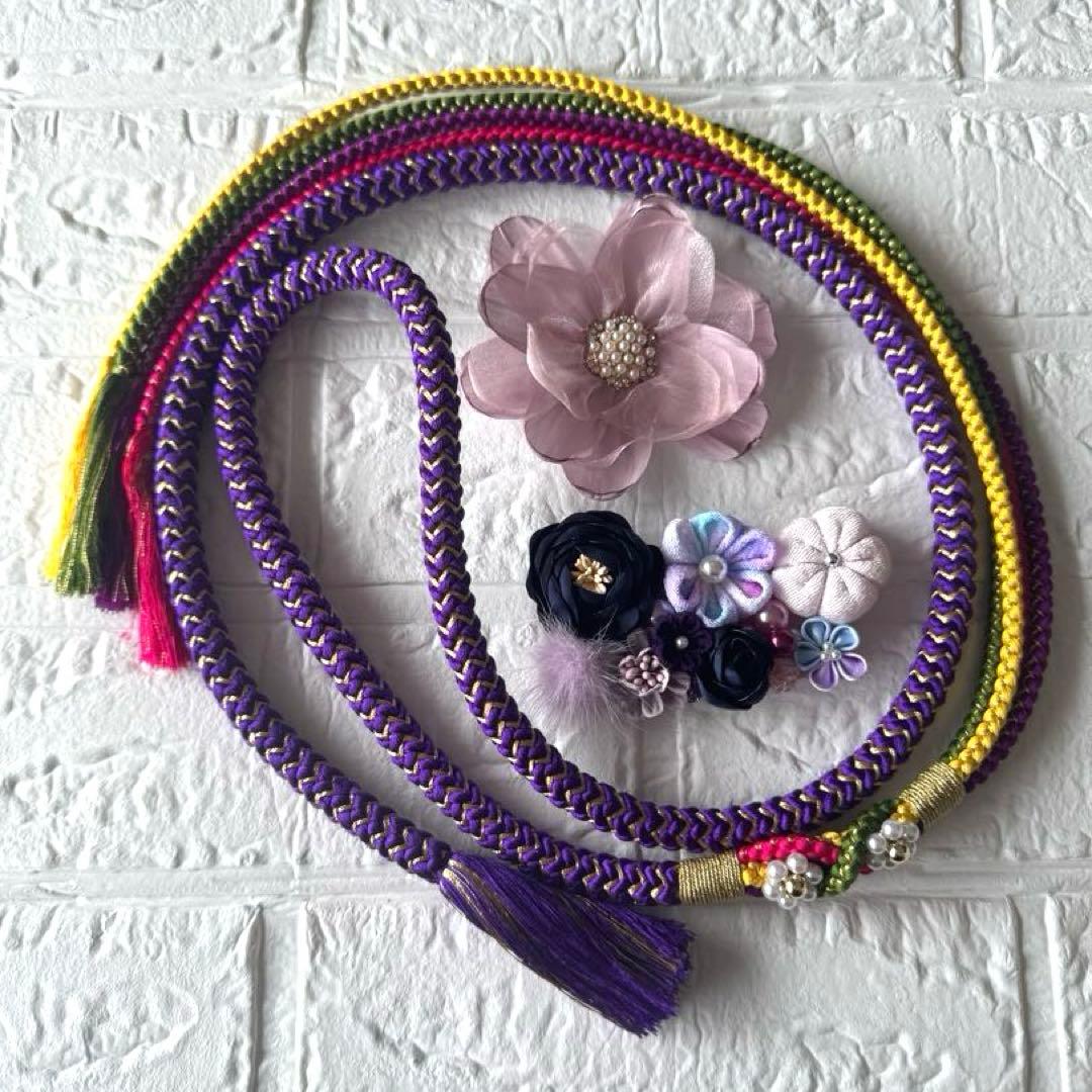 ヴァイオレット・ルフレ♦︎重ね衿 刺繍半衿　マルチレース　正絹帯締め　お飾り2点