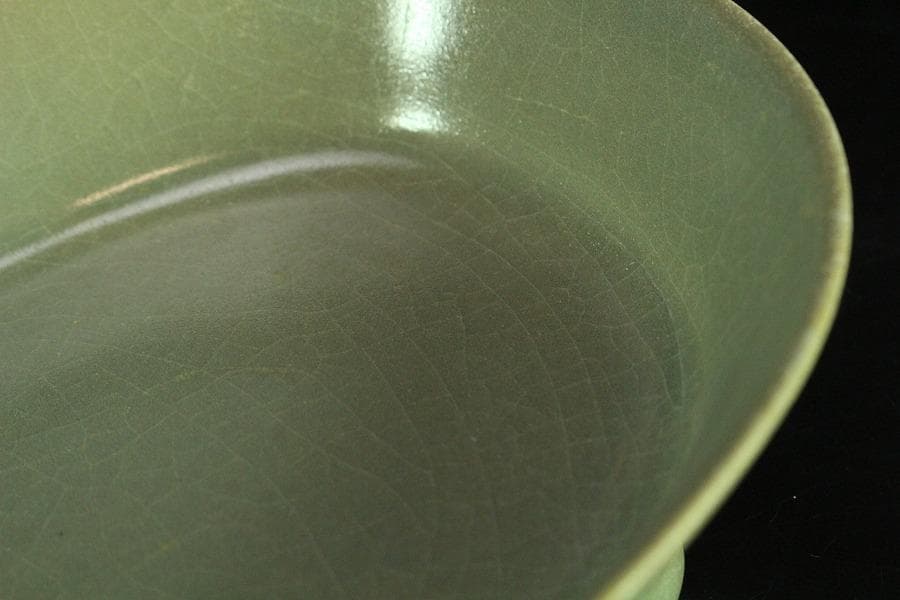 中国美術 青釉 楕円形 洗 碗 17.5cm(K-LC678)