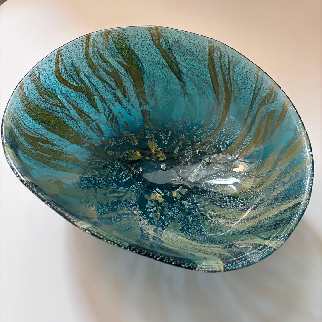 極美品　迫二郎　ガラスボウル　吹きガラス　銀箔 グリーン　ガラス工芸品　アート