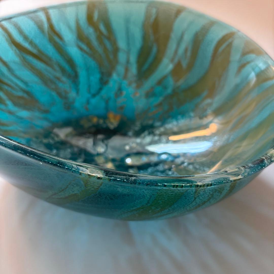 極美品　迫二郎　ガラスボウル　吹きガラス　銀箔 グリーン　ガラス工芸品　アート