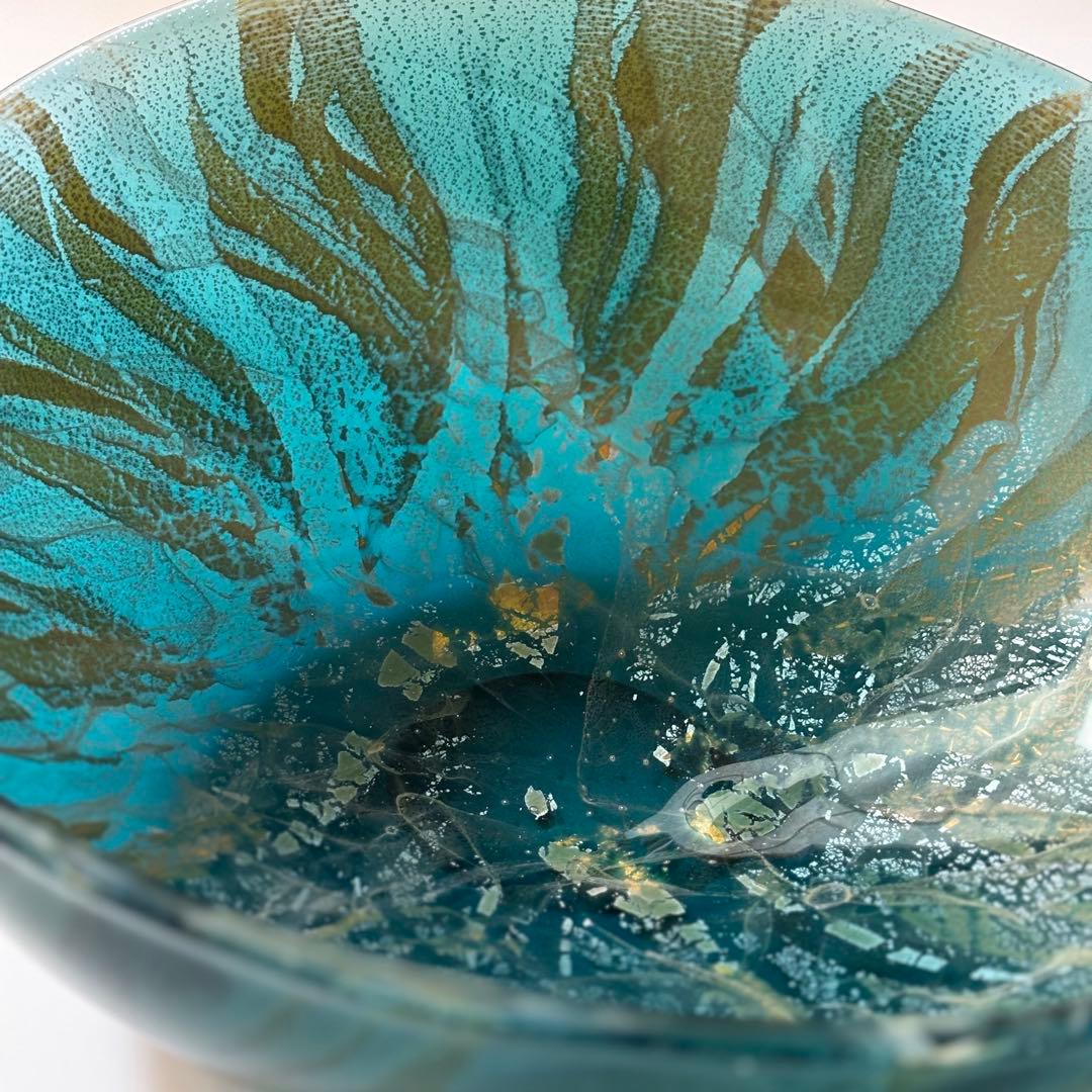 極美品　迫二郎　ガラスボウル　吹きガラス　銀箔 グリーン　ガラス工芸品　アート