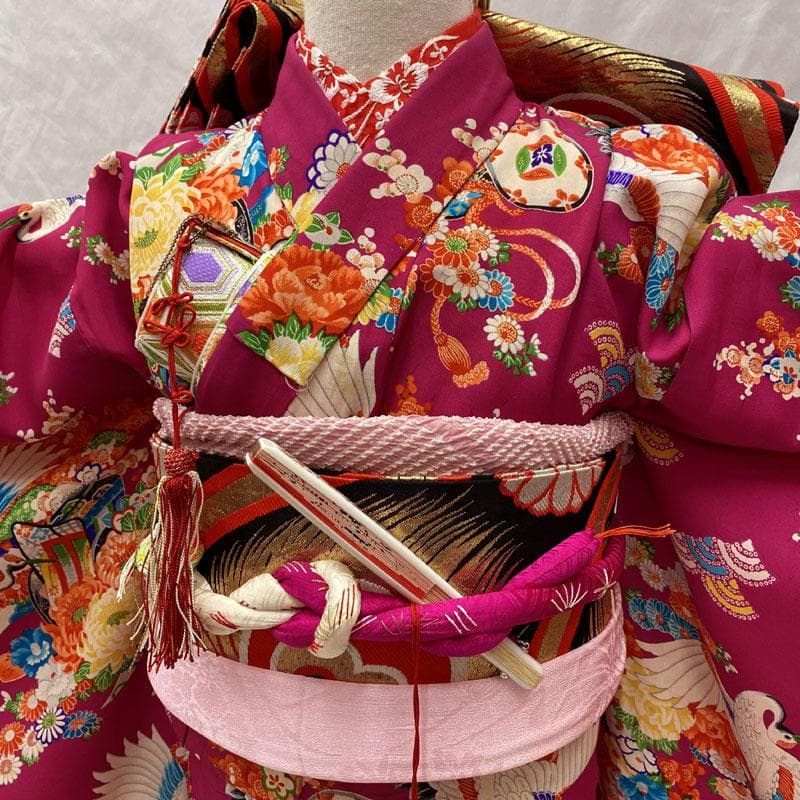510ag23◎七五三 七歳 女児 アンティーク着物&丸帯 総柄 はまなす色◎