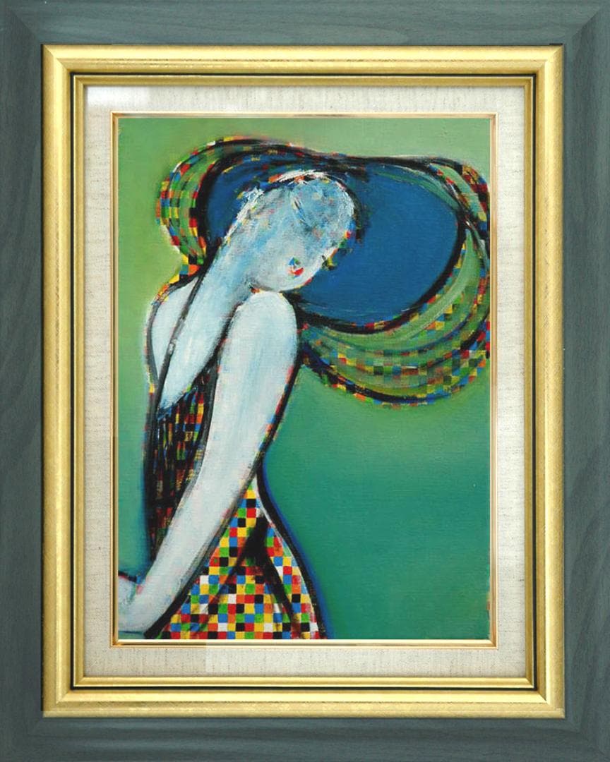 油絵 菅家令子 絵 絵画インテリア額付(青緑＋金色の枠)uF6-083511女性