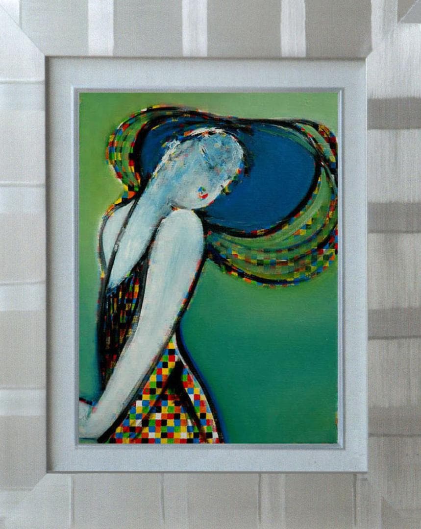 油絵 菅家令子 絵 絵画インテリア額付(青緑＋金色の枠)uF6-083511女性