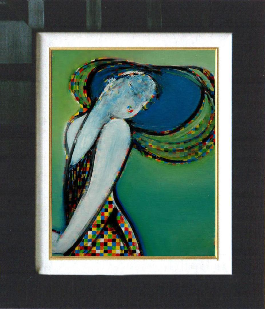 油絵 菅家令子 絵 絵画インテリア額付(青緑＋金色の枠)uF6-083511女性