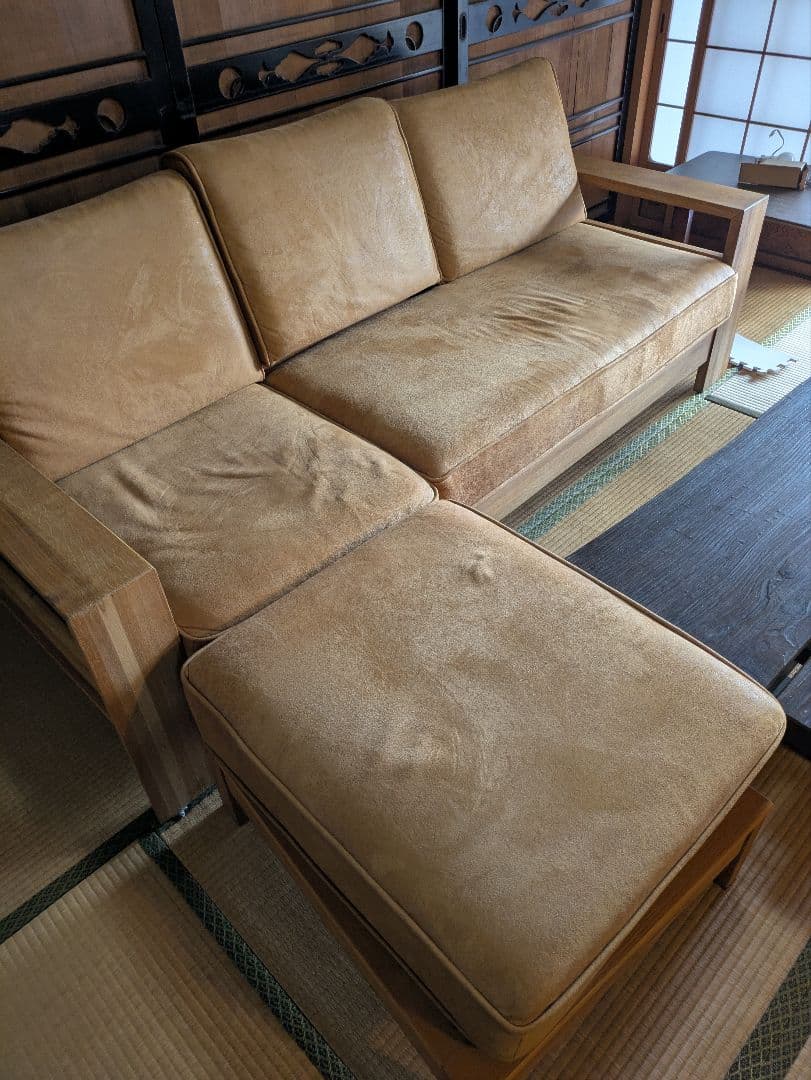 【美品】カウチソファ　レザーテックス キャメル 3人　 関家具　コパンⅡ 引取