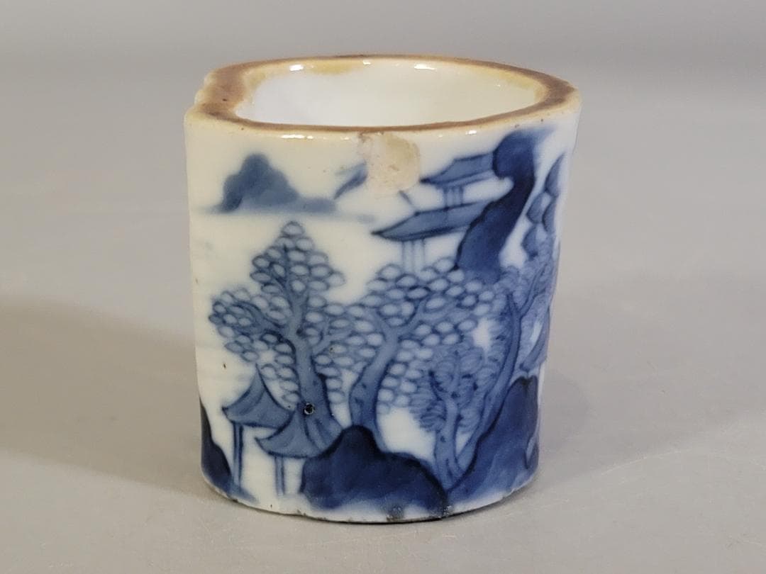 茶道具 青花 山水紋 嘉慶年製 款 蓋置 DT336