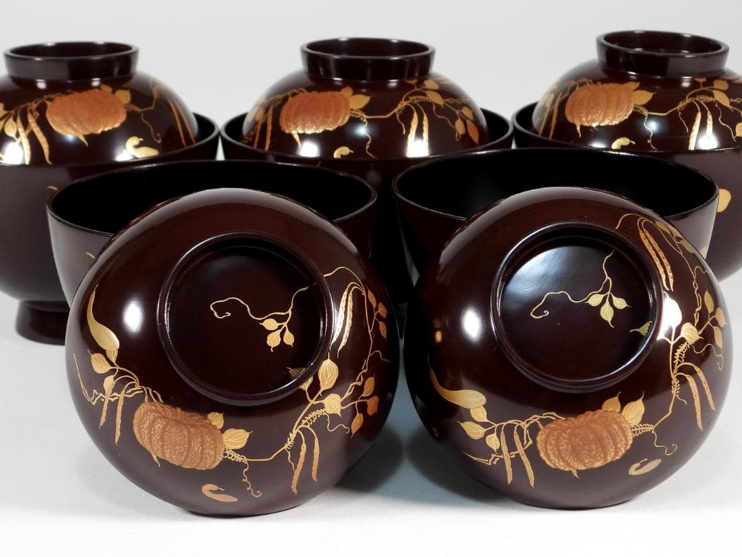 金蒔絵 木製 漆器 輪島金沢能登 汁椀蓋碗5客セット 小吸物碗