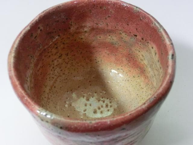 茶碗■万茶羅窯 楽抹茶碗 竹仙作 赤楽筒茶碗 共箱 お茶道具 骨董品 作家物■