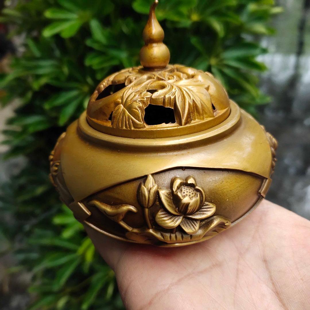 銅 細工 四季花瓢簞蓋香炉 銅製 茶道具 香道具 工芸品 美術品 置物