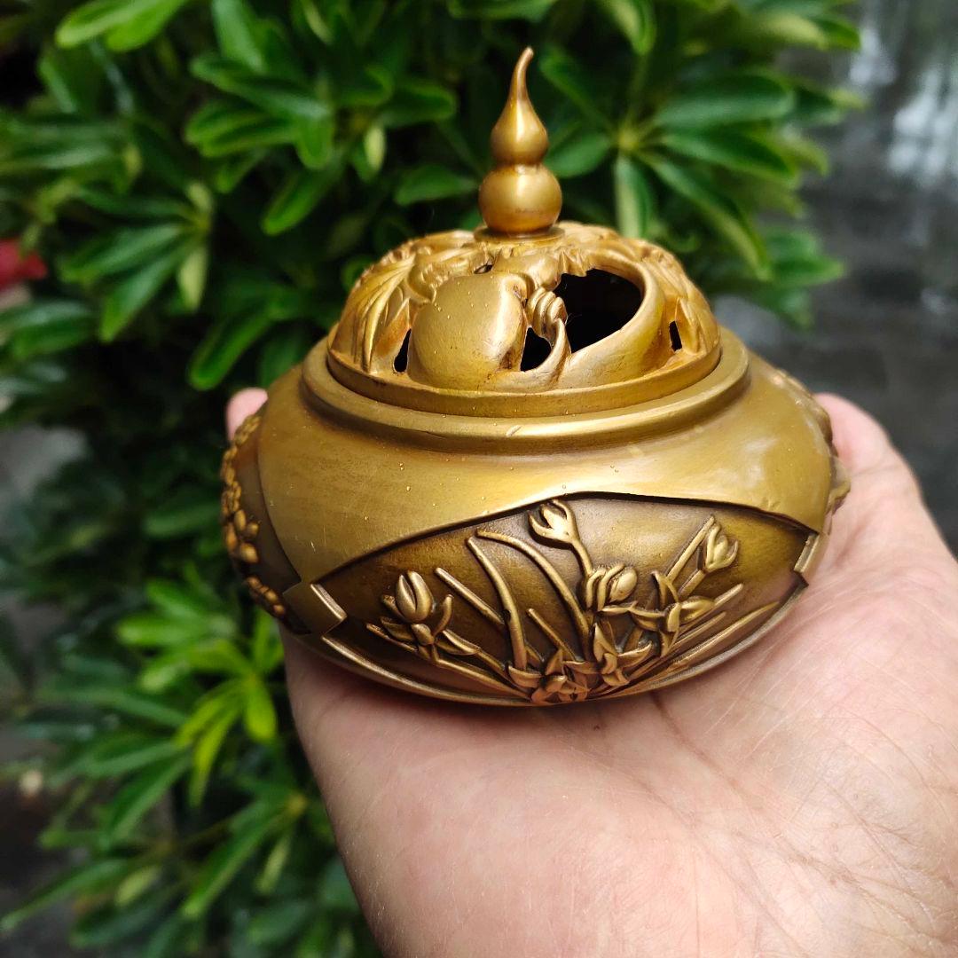 銅 細工 四季花瓢簞蓋香炉 銅製 茶道具 香道具 工芸品 美術品 置物