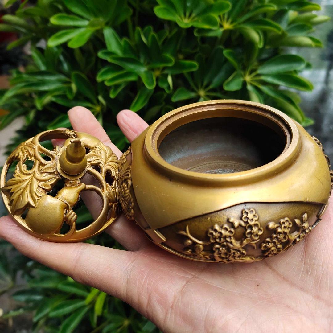 銅 細工 四季花瓢簞蓋香炉 銅製 茶道具 香道具 工芸品 美術品 置物