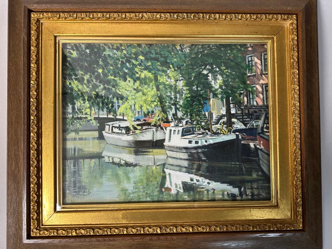 真作　石川滋彦 油絵pv-509 「五月の運河」サイン裏書有 油彩 油画 絵画