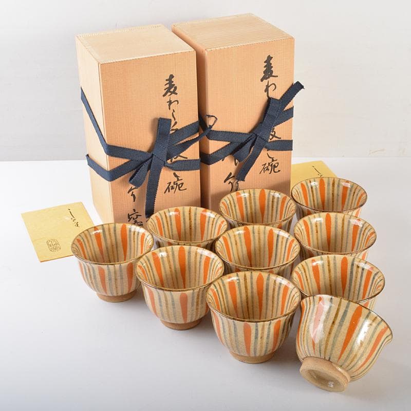 煎茶道具　瀬戸焼　作助窯造　麦わら手汲出し碗　十客　共箱二箱　M　R6611