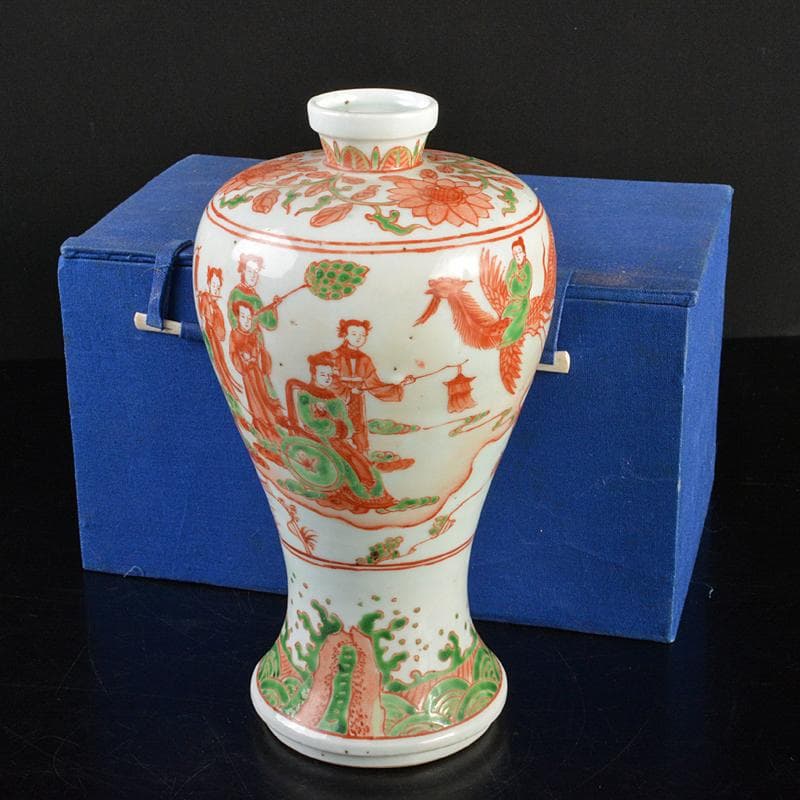 中国　大明萬暦年製款　赤絵　鳳凰人物文　梅瓶　V　R7283