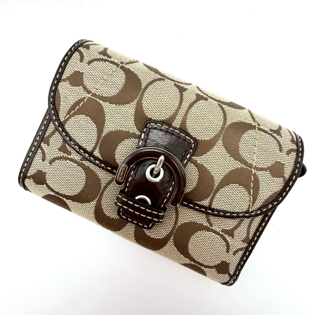 【超美品】COACH コーチ シグネチャー キャンバス 三つ折り財布 バックル