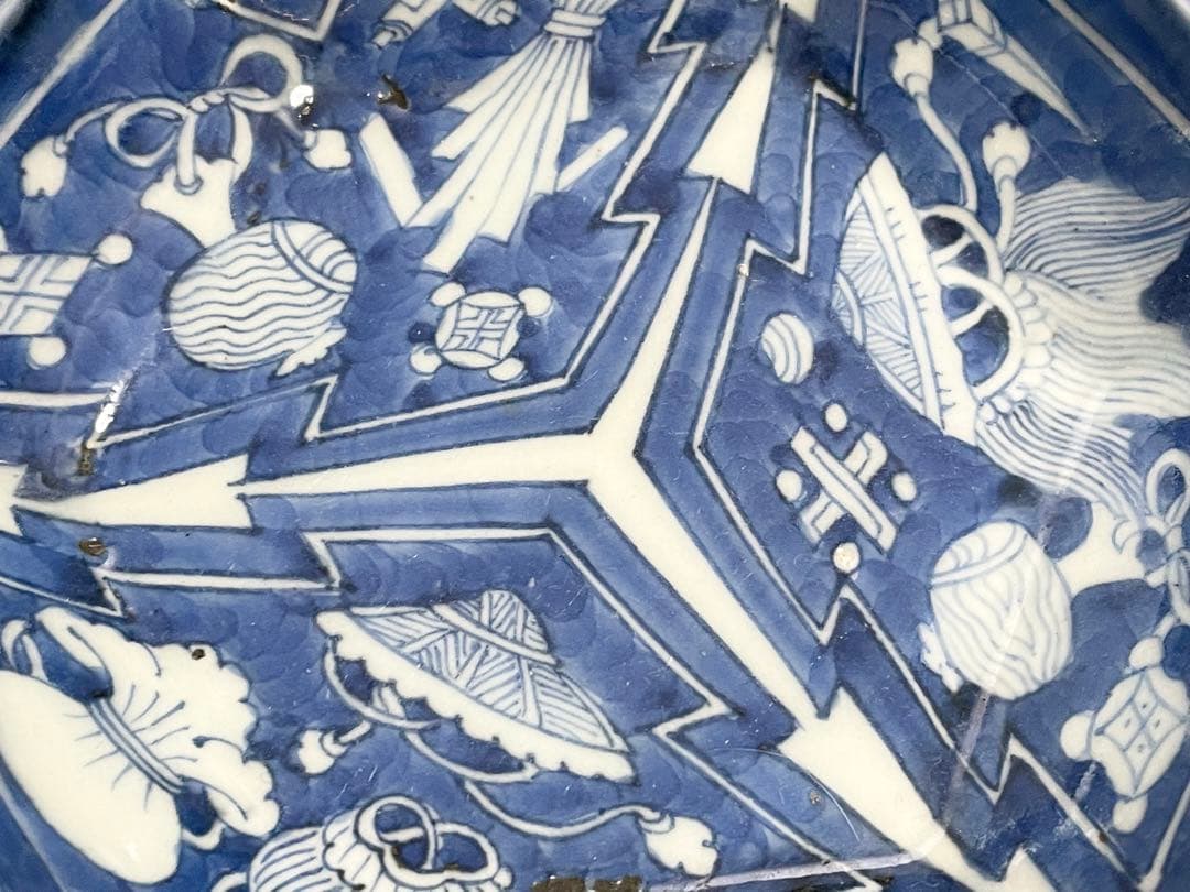古伊万里　染付　宝尽図　幾何学　六角形　向付　小皿　4枚　アンティーク　骨董