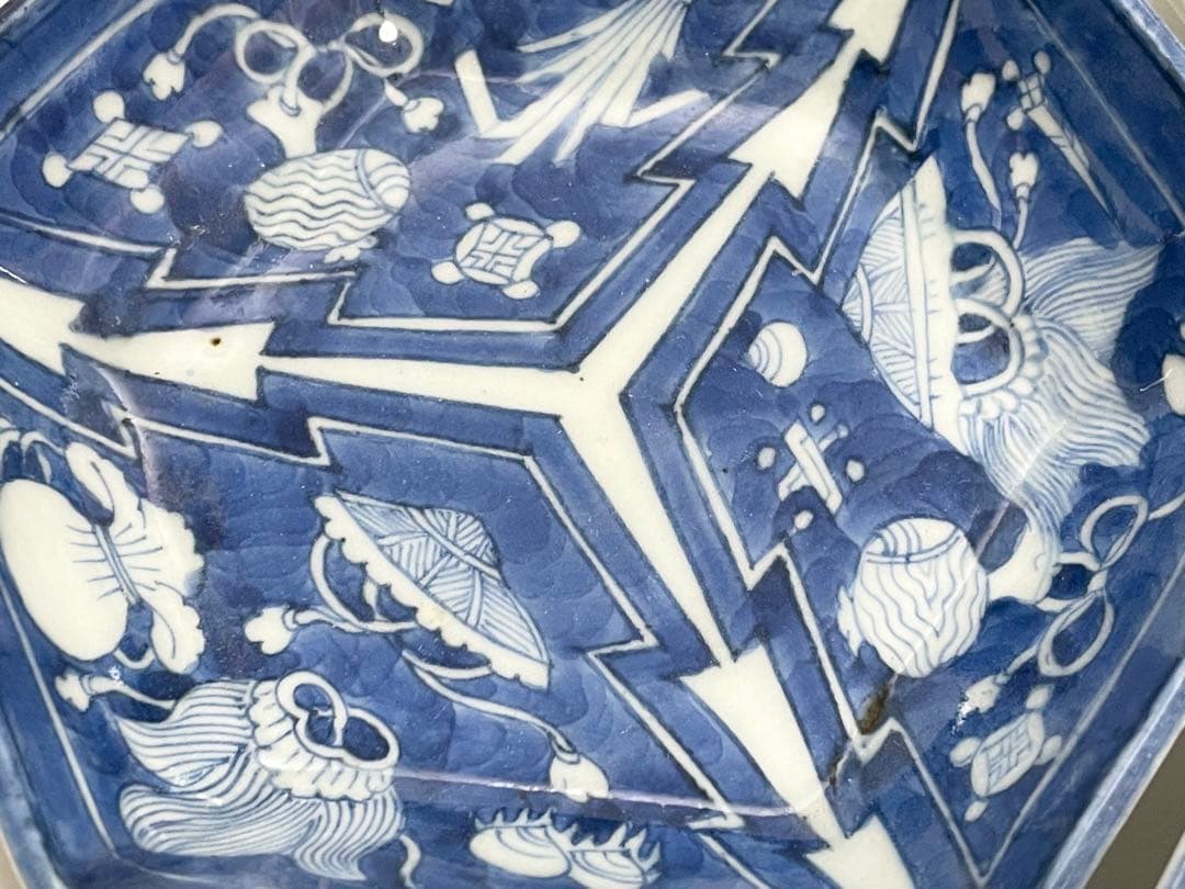 古伊万里　染付　宝尽図　幾何学　六角形　向付　小皿　4枚　アンティーク　骨董