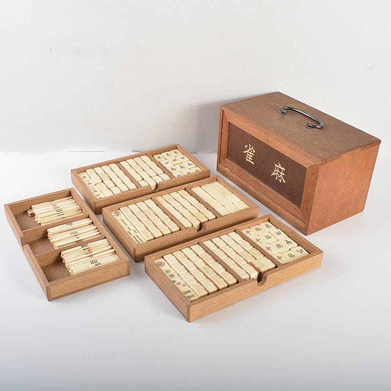 中国　竹嵌　骨牌　背竹牌　麻雀牌　唐木箱付　M　6615