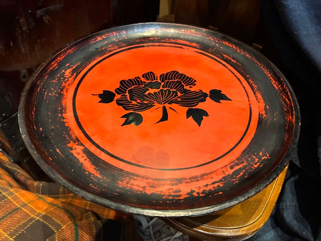 浄法寺塗　花文様　刳り貫き　足付き丸盆　丸膳　明治　木製