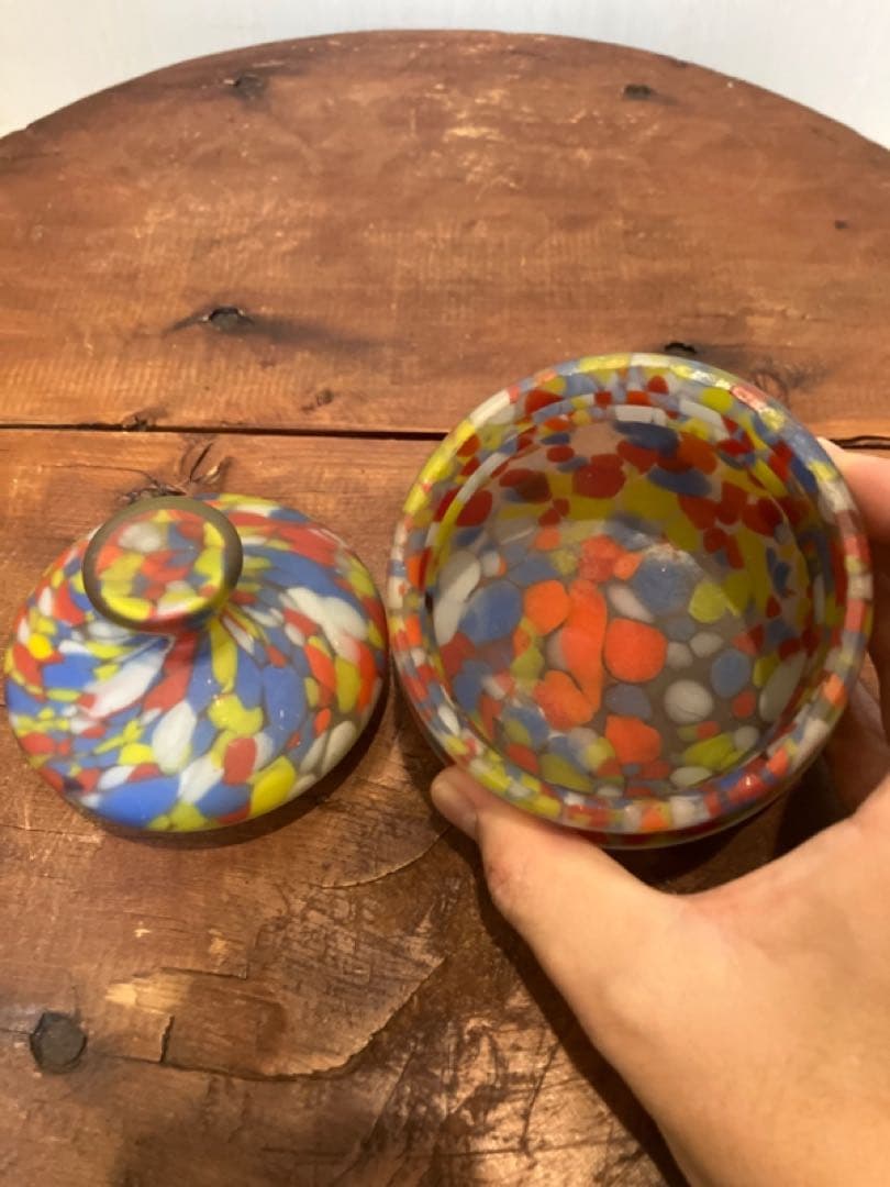 魅惑のマーブル模様の蓋物練りガラス器◇レトロガラス◇アンティークガラス◇古ガラス