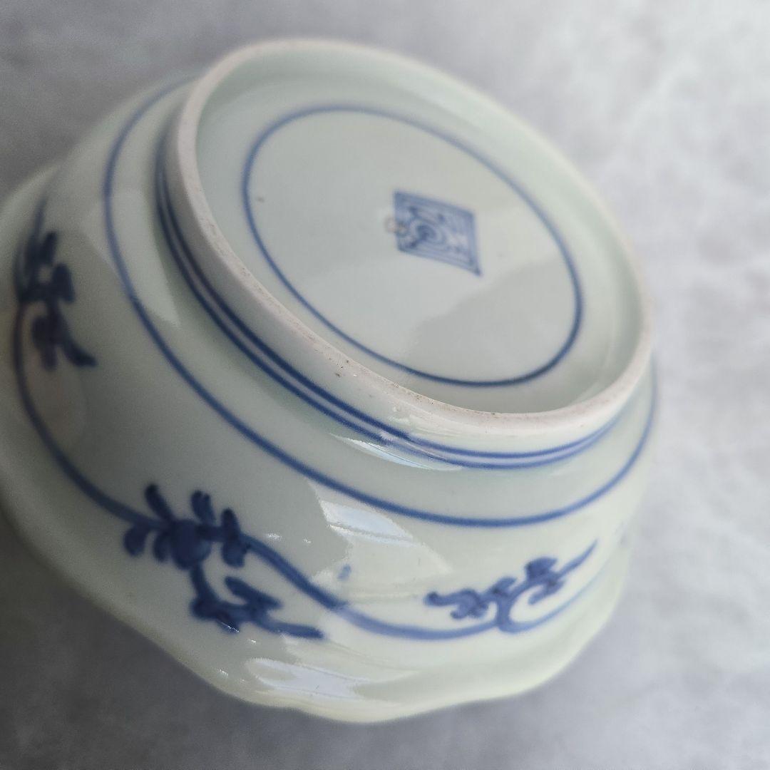 古伊万里　染付　深皿　七宝文　五葉若葉　金継ぎ　江戸　金直し　アンティーク　骨董