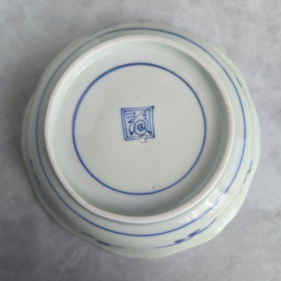 古伊万里　染付　深皿　七宝文　五葉若葉　金継ぎ　江戸　金直し　アンティーク　骨董