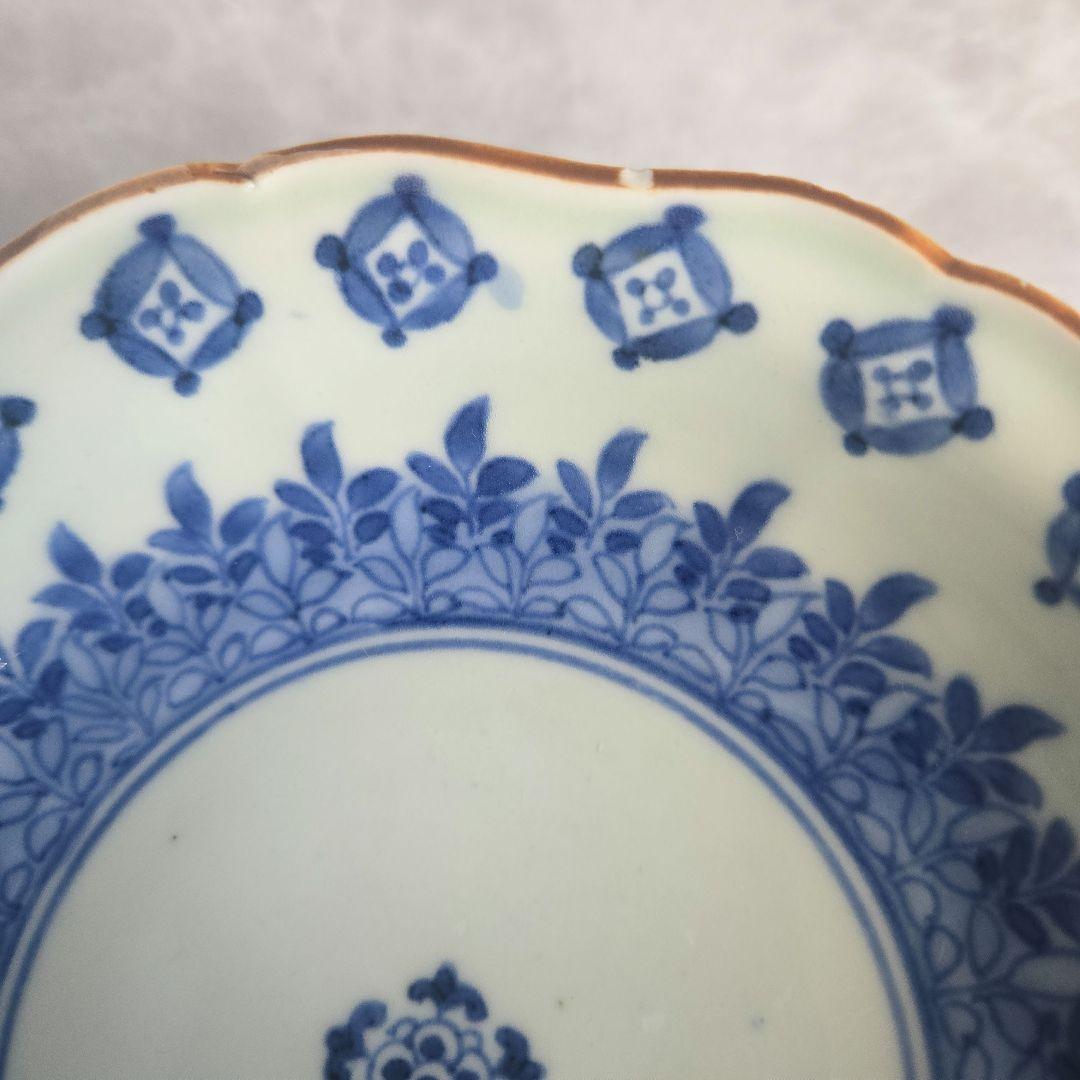 古伊万里　染付　深皿　七宝文　五葉若葉　金継ぎ　江戸　金直し　アンティーク　骨董