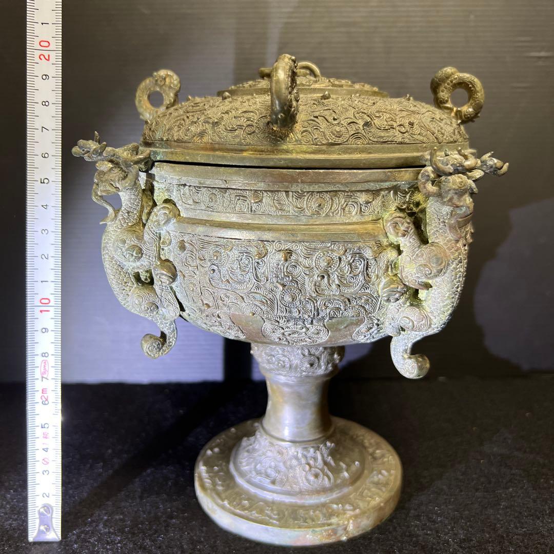 古代中国　古銅蓋物　木箱付　1740g/高さ約19.5㎝ 東Y7-1229☆2F