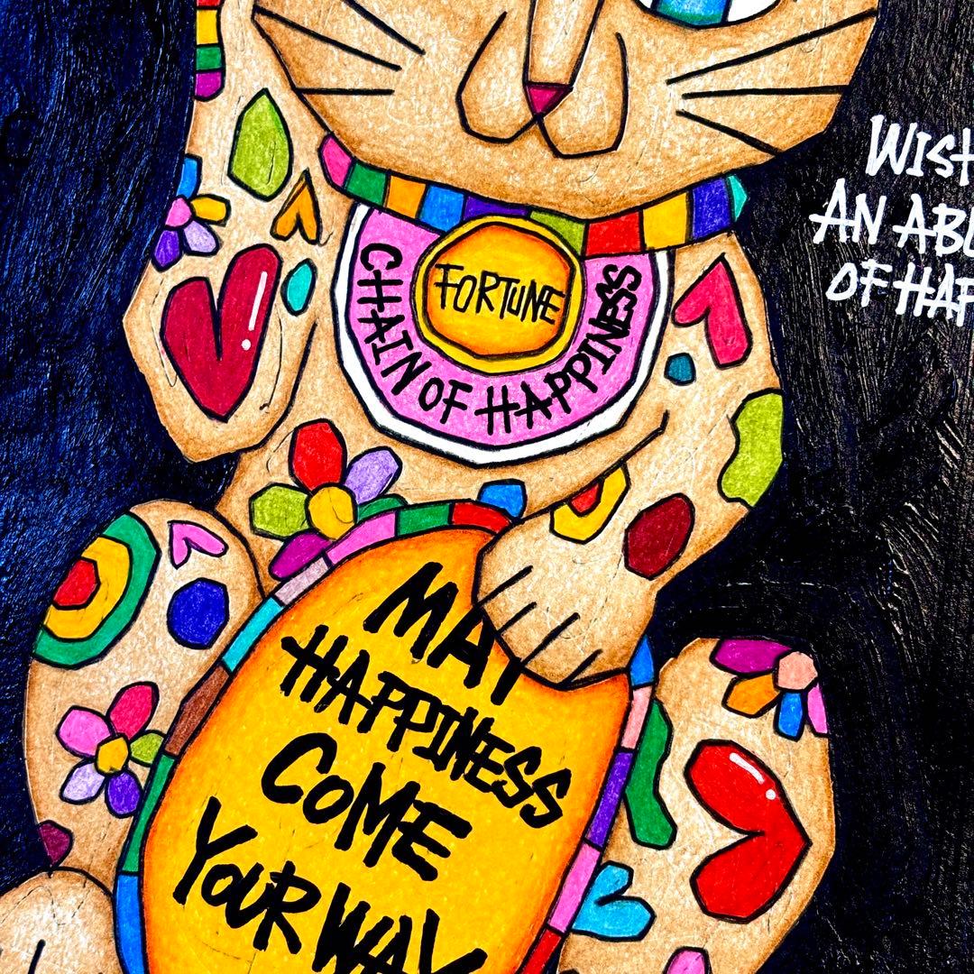 m*n様 「 逆境に灯る招き猫 」｜絵画 原画 抽象画 絵 動物画 ドローイング