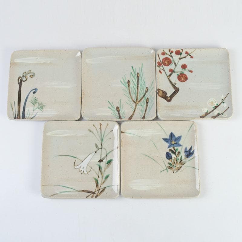 和食器　茶懐石　幸兵衛窯　絵変四方皿　銘々皿　五客　共箱　N　9420