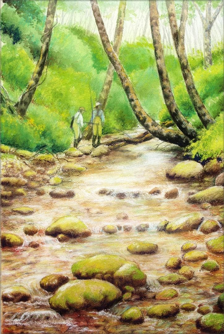 絵画「北海道 虫類川にて」　水彩画