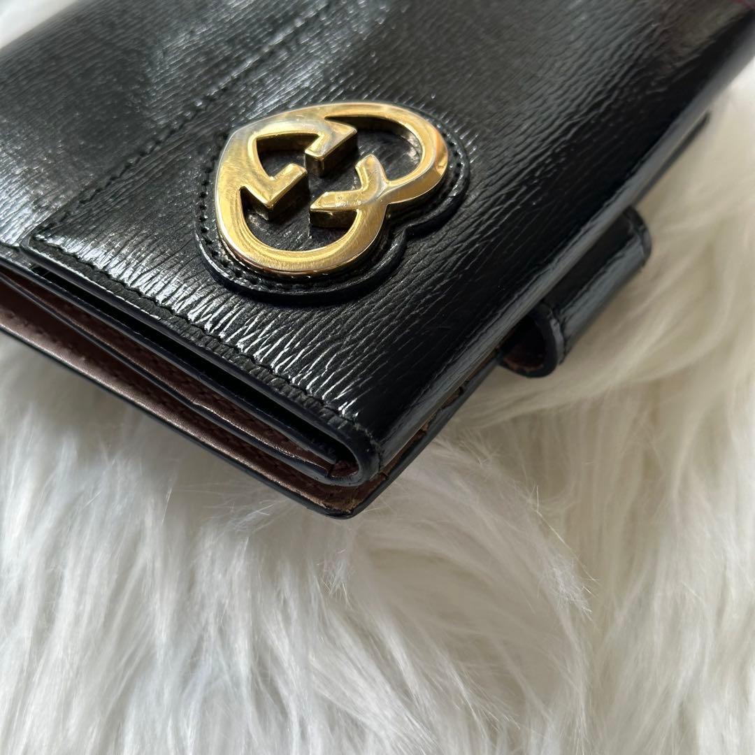 美品✨GUCCI 二つ折り財布　ダブルホック ブラック レザー ハート