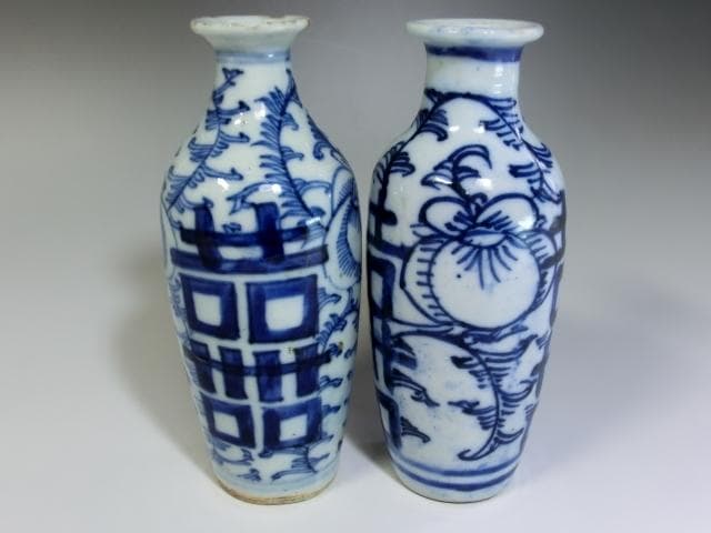 徳利■中国 青華 古い酒器 2本 染付 花唐草 お銚子 時代物 骨董品 古玩■