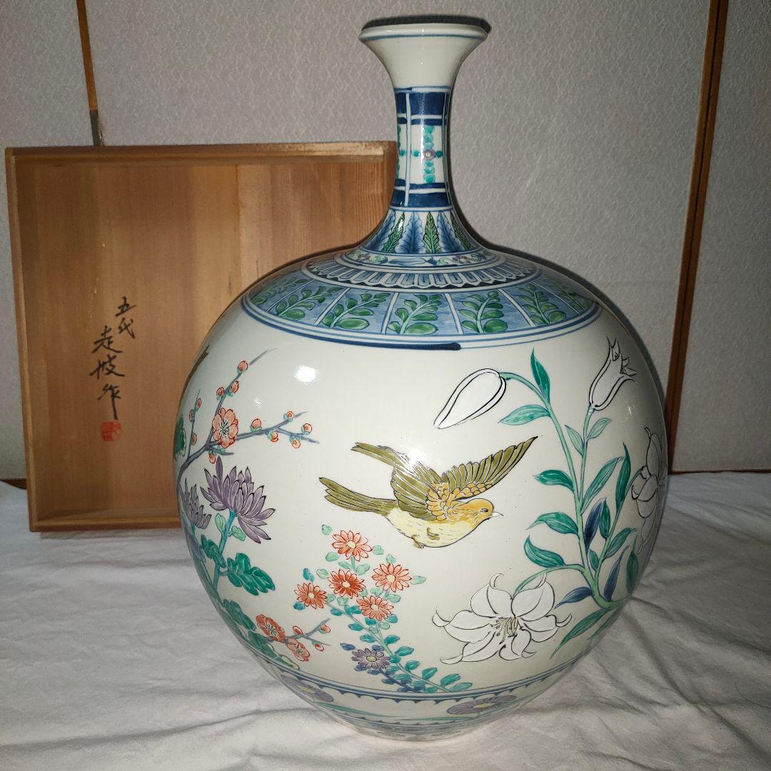 【五代目　佐藤走波】栄錦　花鳥文　細口つぼ　共箱