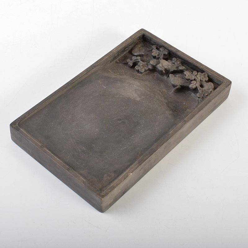 中国　書道具　梅鳥刻　端渓硯　唐木箱付　V　6634